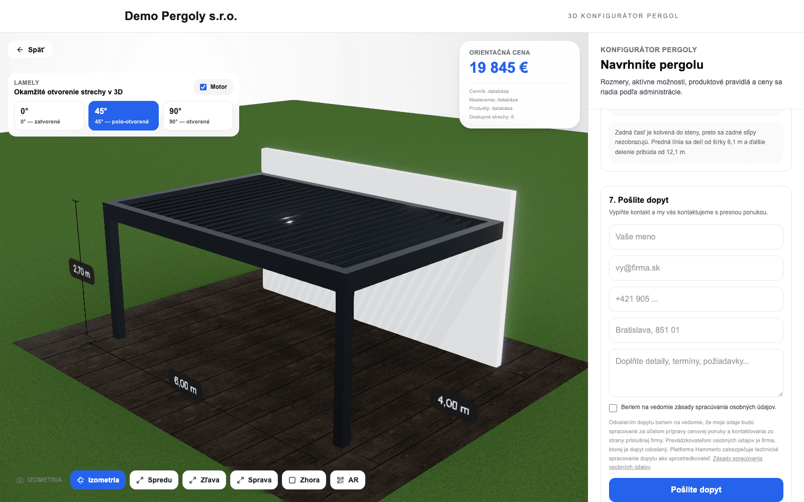 Configurator preview — pergola configuration with dimensions, materials and price